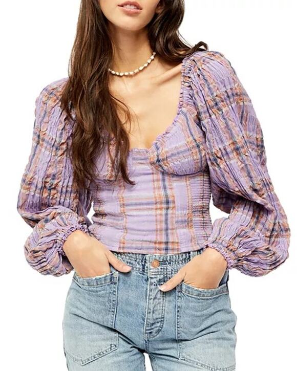 Free People Tops - Free People Purple Plaid Puff Sleeve Babydoll Blouse Cropped Women's size Large